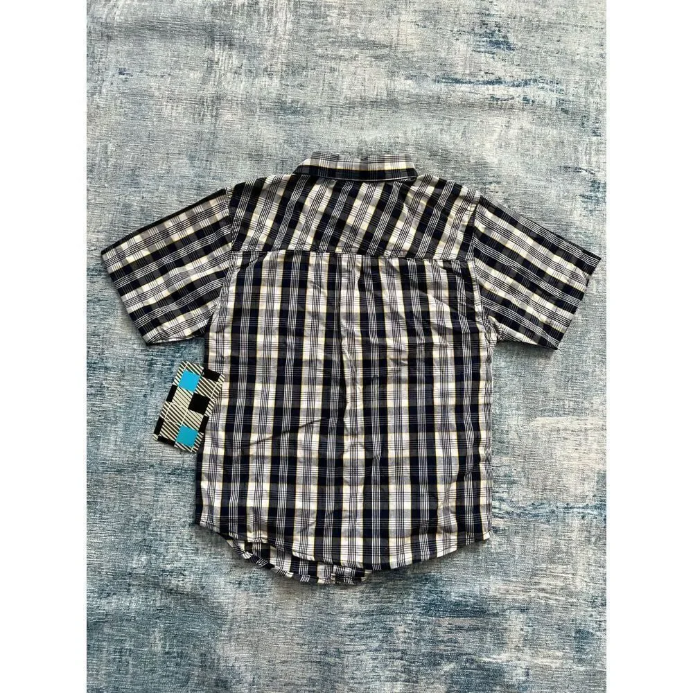 NWT! Mick Mack Dark Blue White Yellow Plaid Short Sleeve Button Down Size 7